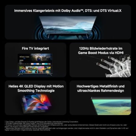 Xiaomi F Pro, 50 Zoll (127 cm), 4K UHD QLED, Smart TV, Fire TV, Triple Tuner DVB-C/S/S2/T/T2, HDR10, Game Boost mode 120Hz, MEMC, Sprachsteuerung mit Alexa, 2GB+32GB, Kompatibel mit Apple AirPlay