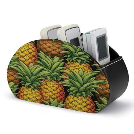 FZQVSWTX Fernbedienungshalter, Ananas-gelbes Muster, bedrucktes PU-Leder, Schreibtisch-Organizer mit 5 Fächern für Medien-Zubehör und Bürobedarf