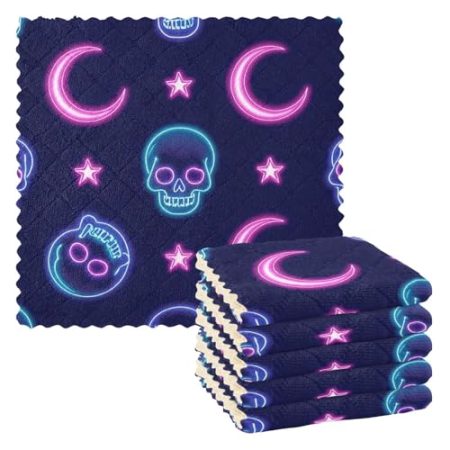 EtherSpher Neon farbige Sterne Monde und Skelette Küche Frottee Handtücher Mehlsack Geschirrtücher Küche saugfähig Tuch Stil Erntedankfest Ofen Zubehör Para Mesas 27,9 x 27,9 cm