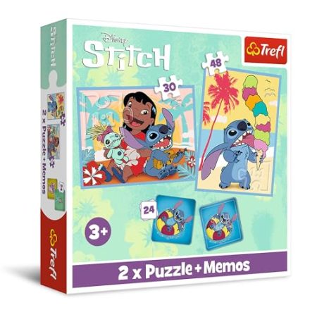 Trefl - Lilo & Stitch, Fröhlicher Tag von Lilo&Stitch - 3in1: 2X Puzzle + Memory-Spiel, Puzzle mit Figuren der Fernsehserien, 30 und 48 Teile, 24 Memos, Unterhaltung für Kinder ab 3 Jahren