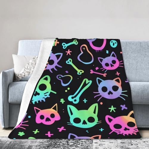 Bunte Totenkopf-Katzen-Überwurfdecke, 102 x 127 cm, Skelett, Kätzchen, Fleece-Decken für Couch, Bett, Picknick, weich, gemütlich, leicht, für alle Jahreszeiten