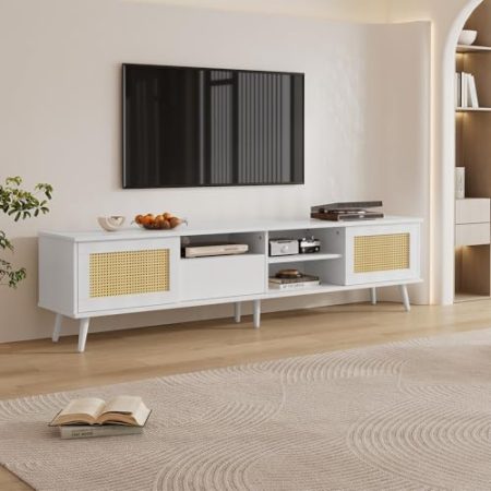HAINEW Landhausstil TV Schrank TV Lowboard mit 2 Rattan Türen und 1 Schublade für 90-Zoll-Fernseher, Weiß 200cm Lang Fernsehtisch Fernsehschrank TV-Regal mit 3 offenen Fächern, 200 x 40 x 49cm