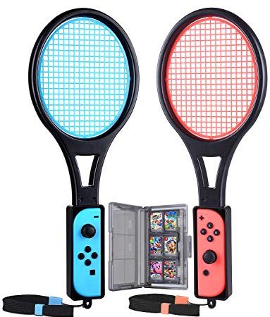 Tendak Tennisschläger für Nintendo Switch Mario Tennis Aces Spiele Tennis Racket für Joy-Con Controllers mit 12 in 1 Spiele Karte Case Tasche (2 Stück, Blau und Rot)