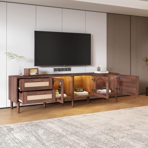 Sweiko Multifunktionaler TV Schrank mit LED-Beleuchtung, Modernes Wohnzimmerschrank mit Glastüren und Geflochtenen Schubladen, Höhenverstellbare Füße, Geeignet für Fernseher bis 80 Zoll