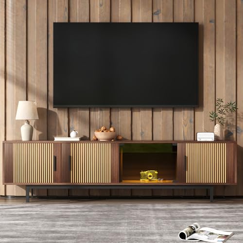Jaxenor 200cm TV Schrank mit LED-Lichtleiste, TV Board mit Geschnitzter Textur, Lowboard Wohnzimmer mit Tür aus Gehärtetem Glas, Fernsehschrank für Schlaf- und Wohnzimmerschrank, Holzfarbe