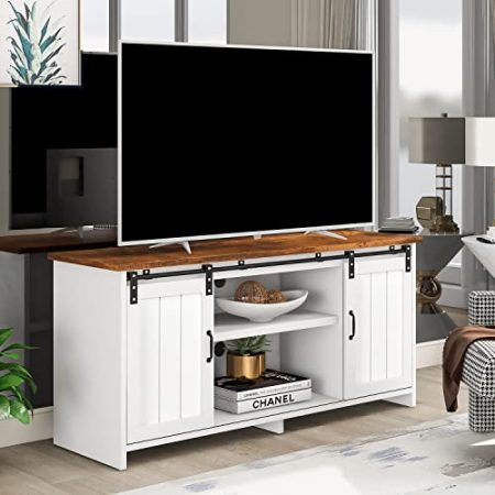 GGMWDSN TV-Schrank, TV Schrank Weiß mit 2 Türen und 2 Offene Fächer, Verstellbare Ablagen, Löchern für Kabel, Industrie Design Fernsehtisch für Wohnzimmer Schlafzimmer, 120CM