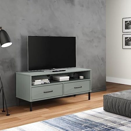 WSJHUHK Entertainment Centers & TV Stand-home-TV-Schrank mit Metallbeinen, Grau, Massivholz, Kiefer OSLO