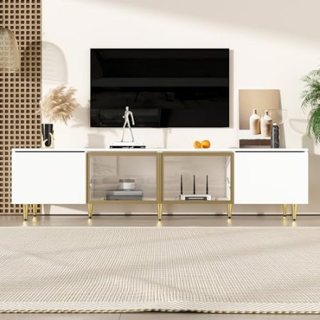 IDEASY TV-Schrank 170 cm Weiß - Moderner Fernsehschrank mit 4 Türen (2 Glastüren), Steh- und Wandmontage, Minimalistisches Design für Wohnzimmer