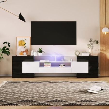 Aunlva Stilvoller TV-Schrank, niedriges Panel. Hochglanz-Weiß und Schwarz, 200 cm, LED-Beleuchtung Wohnzimmermöbel. Modernes Design. Elegante Glasoberfläche.