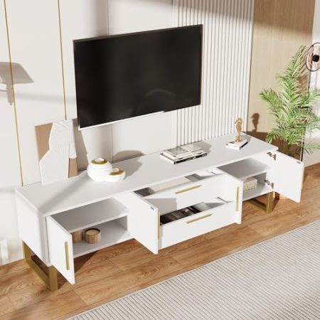 Zepneiy Eleganter und luxuriöser TV-Schrank, Hochglanz, mit Griffen und goldenen Füßen, Türen mit gravierter Textur, Weiß