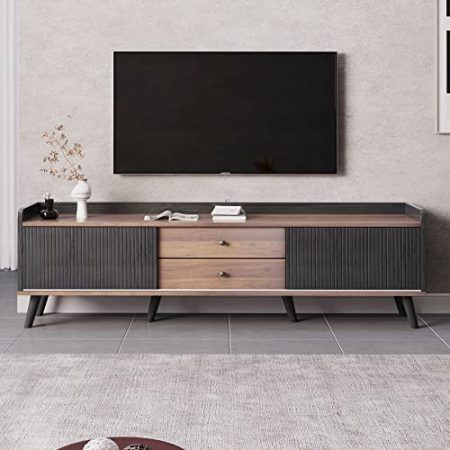 HAINEW TV Schrank Mit Zwei Schubladen und Zwei Schiebetüren, 160×40×58cm, Moderner TV Lowboard TV Fernsehschrank TV Fernsehtisch Für Wohnzimmer, Esszimmer (Schwarz und Natürliches Holzfarbe)