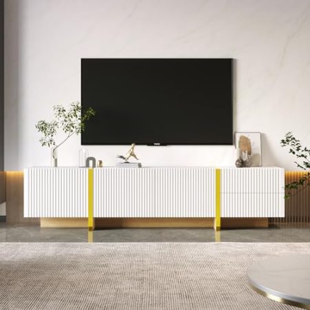 HAINEW TV-Schrank Lowboard mit 3 Türen und 2 Schubladen, Modern TV Lowboard Fernsehtisch Fernsehschrank, 190 cm Lang TV Tisch für Wohnzimmer und Esszimmer (Weiß+Gold)
