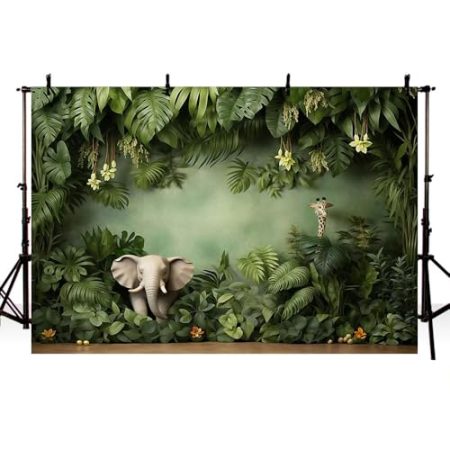 AIBIIN Fotohintergrund mit tropischem Dschungel, für Neugeborene, Babypartys, wilde Geburtstagsparty, grüne Palmenblätter, tropische Blumen, Foto-Zubehör, Requisiten, 2,1 x 1,5 m