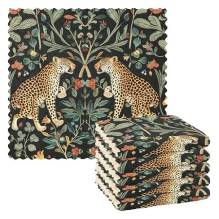 EtherSpher William Morris S Design Leopard Lappen Baumwolle Frottee Geschirrtücher Weihnachten Handtücher für Küche Geschirrtücher Arbeitsplatte Zubehör Para Mesas 27,9 x 27,9 cm 6 Stück
