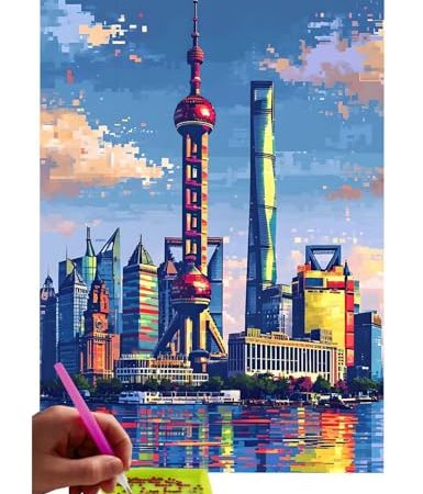 5D DIY Diamant Painting Erwachsene, Oriental Pearl TV Tower Diamant Malerei Full Kits Bilder Dekoration, 5D Diamant Painting Bilder Mit Diamond Painting Zubehör, für Kinder, Haus, Büro 30x40cm U-105
