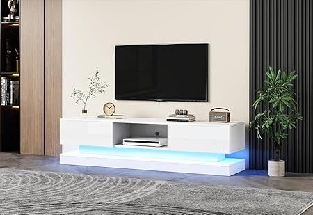Generisch 160 * 35 * 40.5cm Weißer Hochglanz-TV-Schrank mit LED-Beleuchtung, 2 Schubladen, App-Steuerung, Anti-Kipp-Design, für 60-Zoll-Fernseher,tv Board,tv lowboard,Weiß