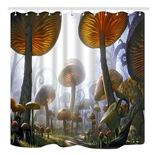 DYNH Fantasy Pilze Duschvorhang, magische Natur Waldpflanzen, wasserdichtes Polyestergewebe Badezimmer Dekor, Badvorhänge Zubehör mit Haken, 170 x 178 cm